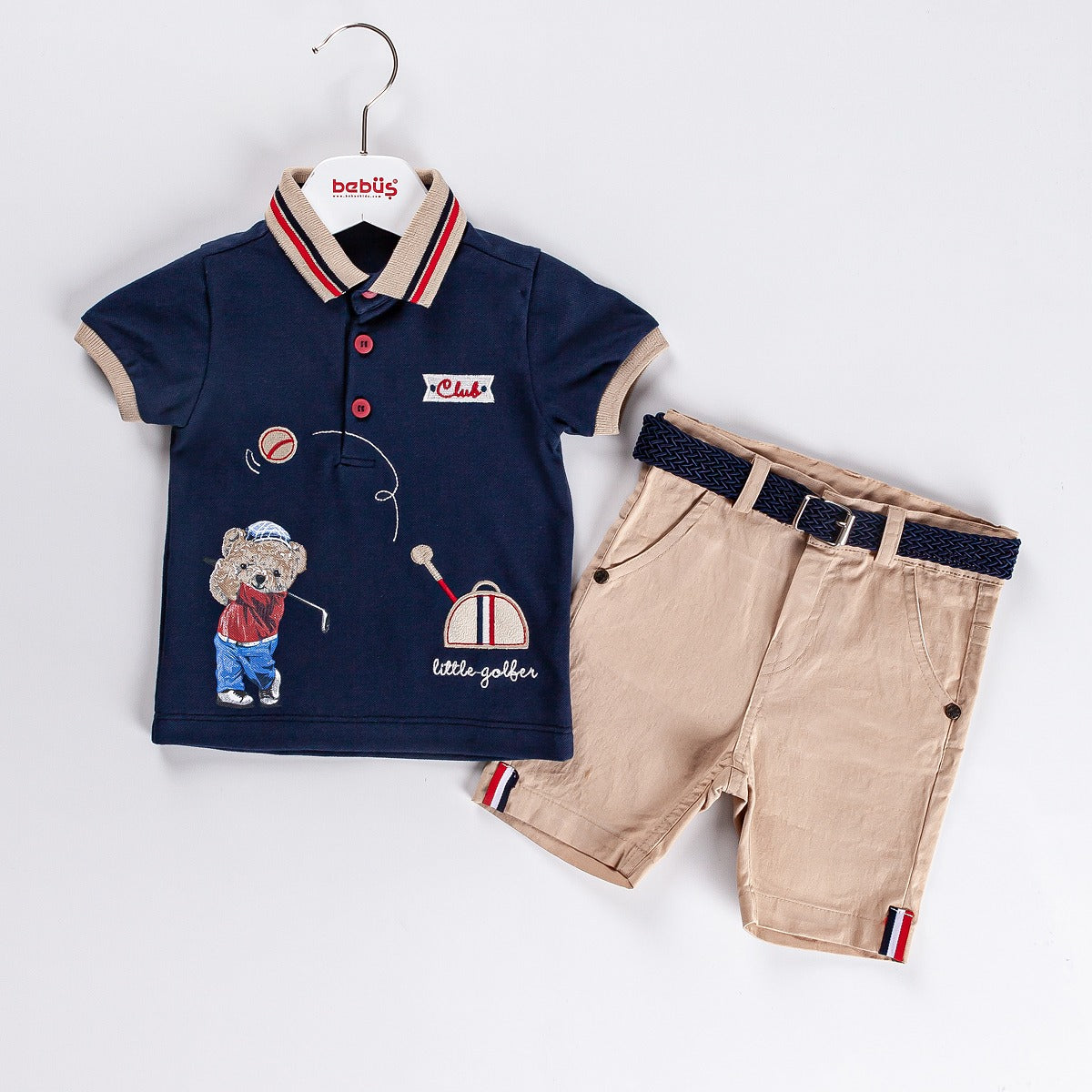 3-piece Boys Golf Themed Polo Shirt, Shorts & Belt Sets