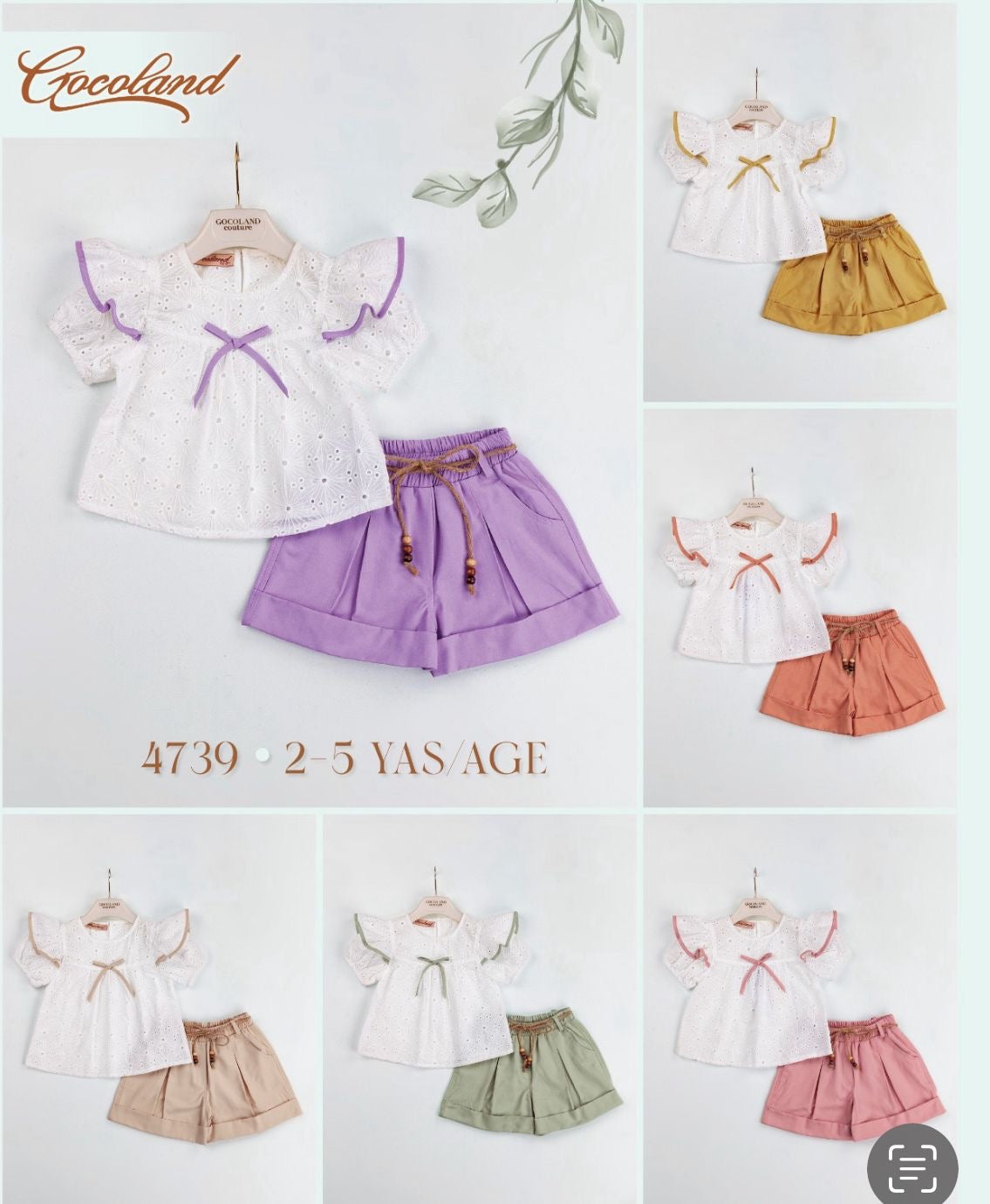 2-piece Girls Bow Front Ruffle Embroidered Shirt and Shorts set