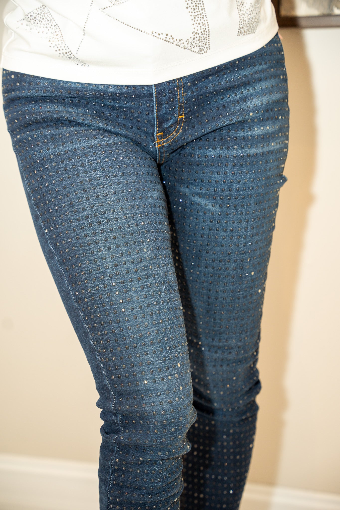 Dark Blue Denim Jeans with Crystals