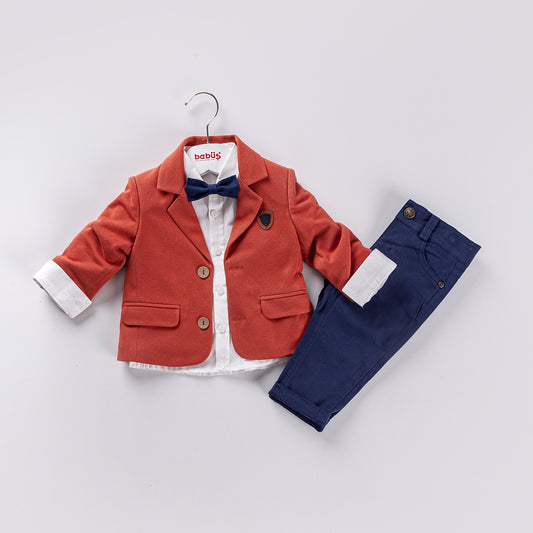 4-piece Boys Jacket & Bow Tie Set - Dark Blue & Red