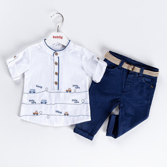 3-piece Boys Car Themed Henley Shirt, Pants & Belt Set