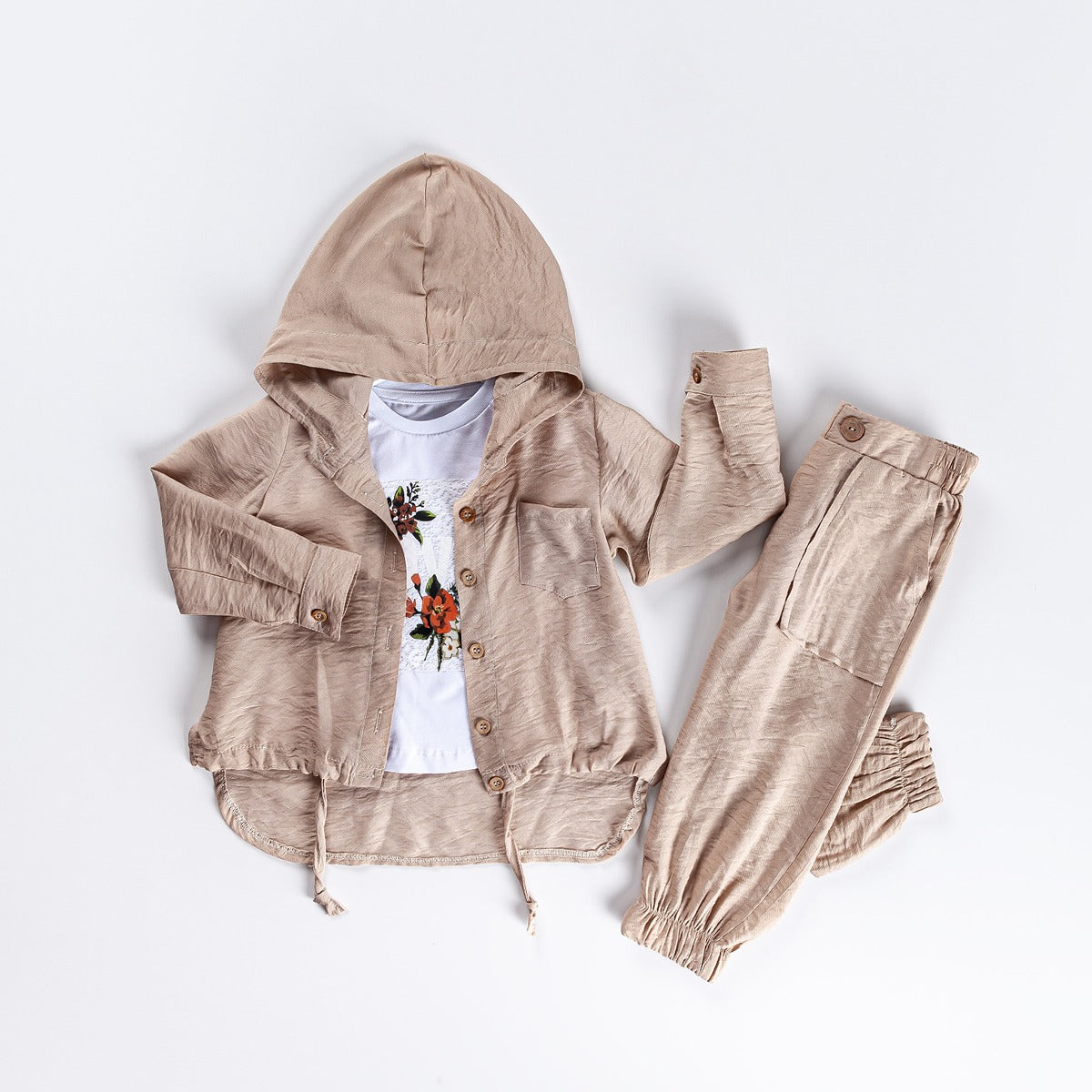 3-piece Girls Button CloseHoodie, T-Shirt & Pants Set