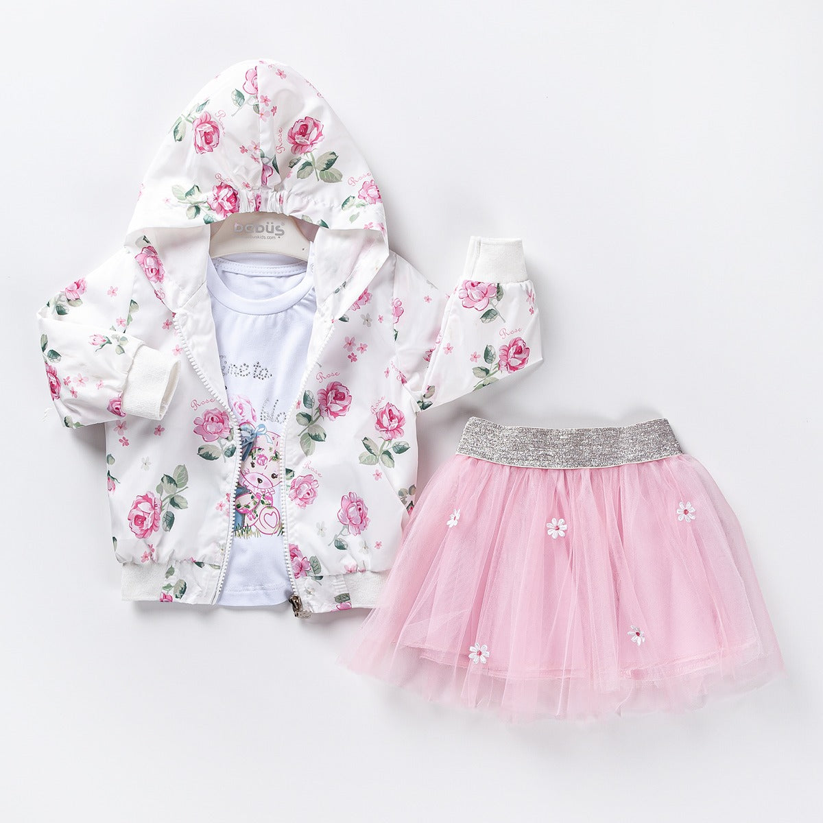 3-piece Girls Flowered Zipper Hoodie With T-Shirt & Lace Skirt Set