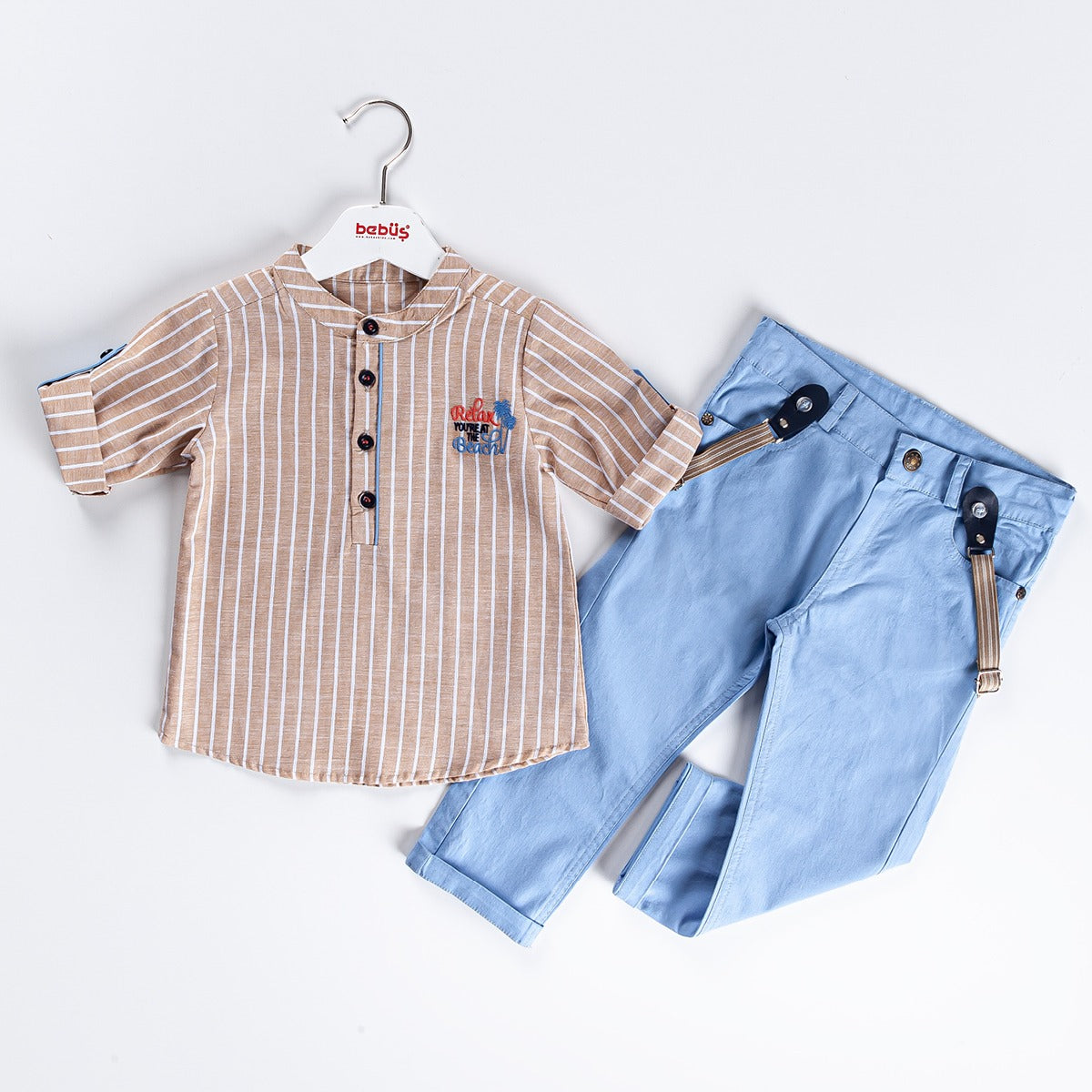 3-piece Boys Beach Themed Henley Shirt, Pants & Suspenders Set