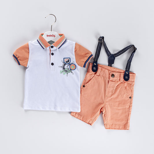 3-piece Boys Short Sleeve Polo Shirt, Shorts & Suspenders Sets