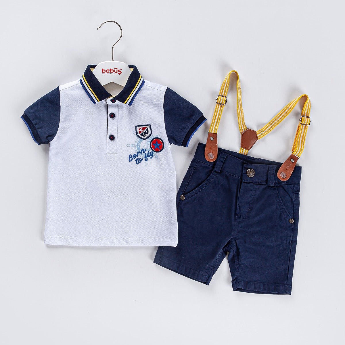 3-piece Boys Short Sleeve Polo Shirt, Shorts & Suspenders Sets