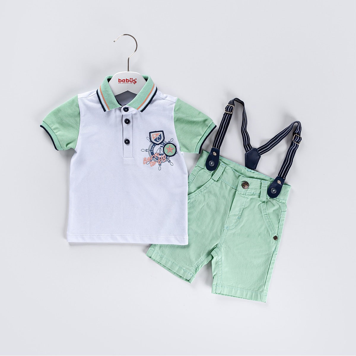 3-piece Boys Short Sleeve Polo Shirt, Shorts & Suspenders Sets