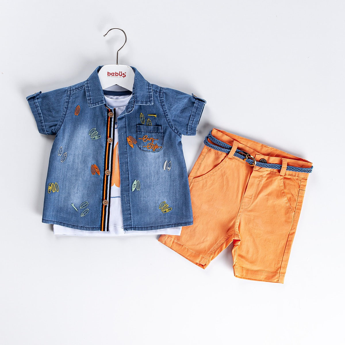 3-piece Boys Jeans Button Shirt, T-Shirt & Shorts With Belt Sets