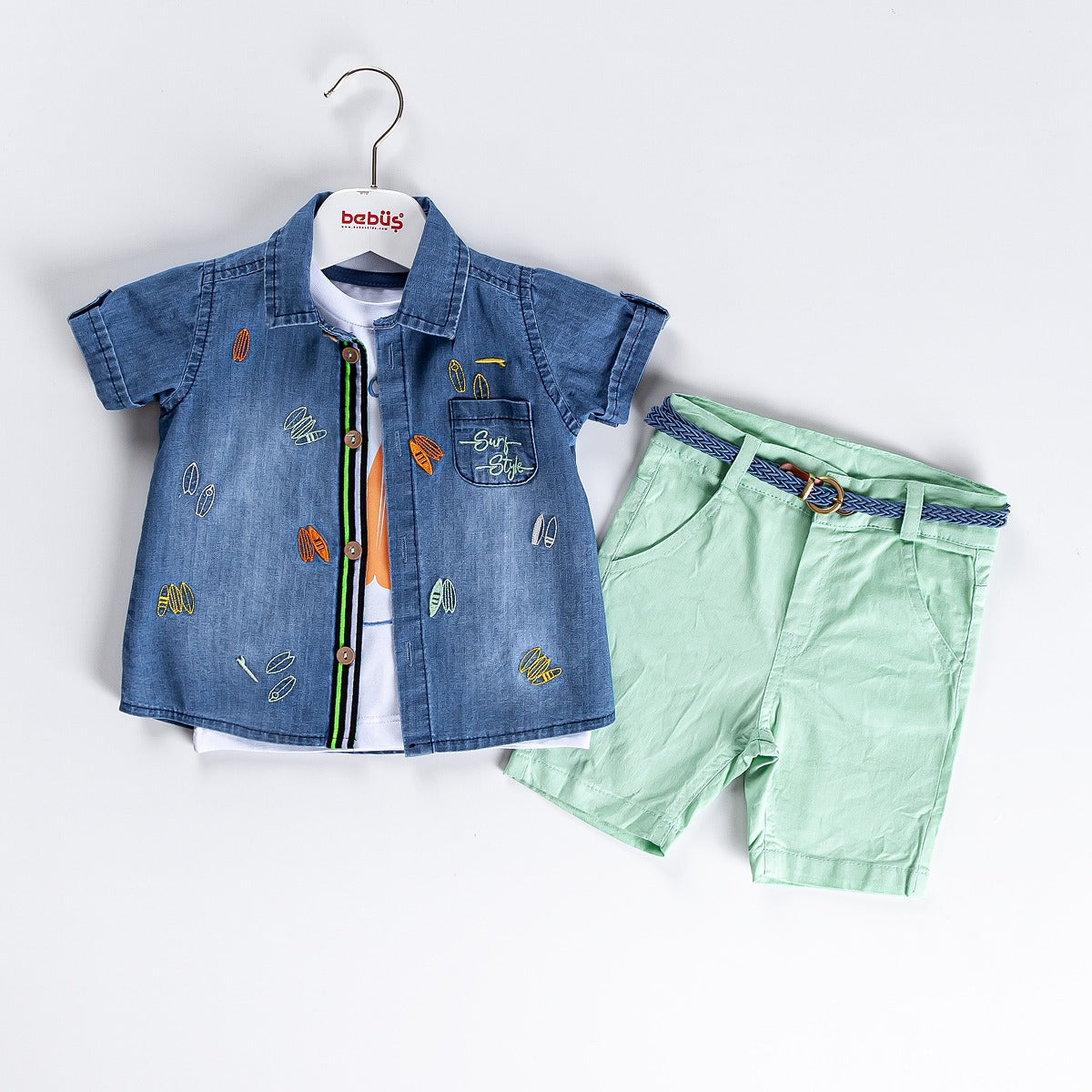 3-piece Boys Jeans Button Shirt, T-Shirt & Shorts With Belt Sets