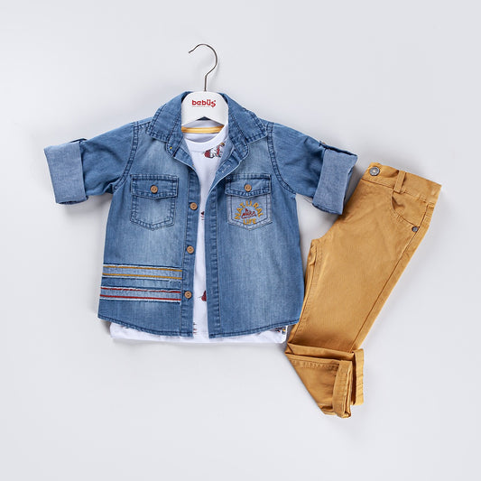 3-piece Boys Button Down Denim Shirt, T-Shirt & Pants Set