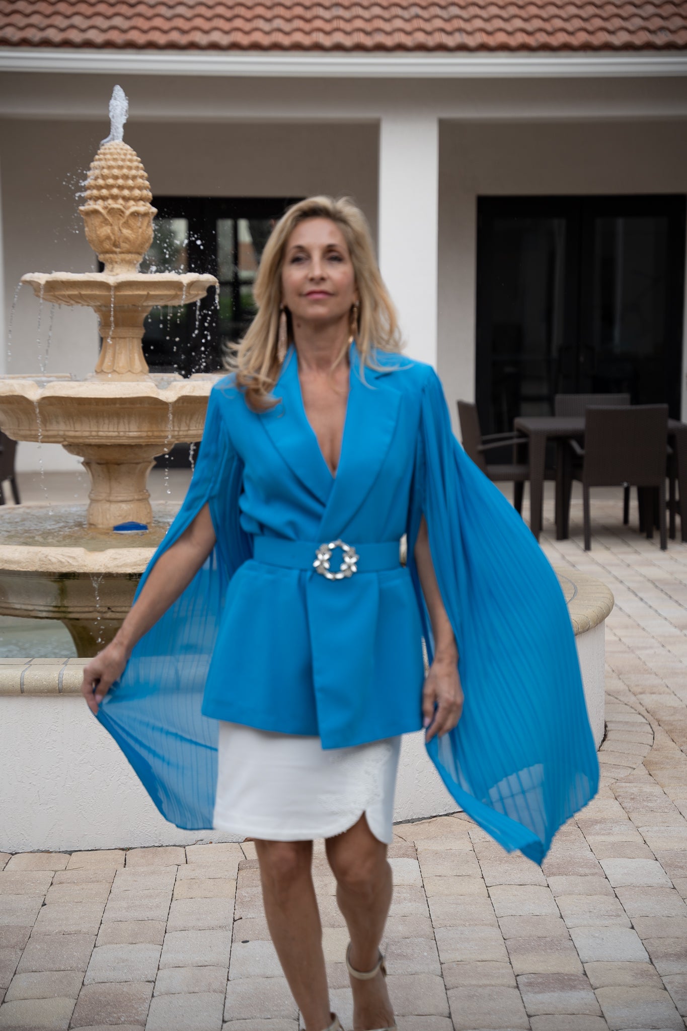 Belted Cape Sleeve Tailored Blue Blazer