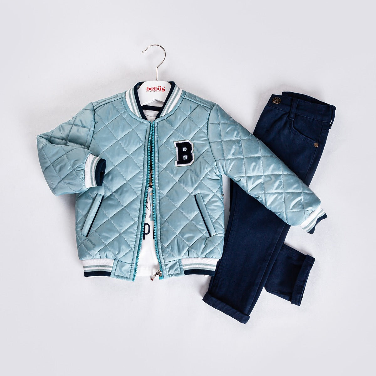 3-piece Boys Quilted Bomber Jacket with Logo, Shirt and Dark Blue Denim Pants