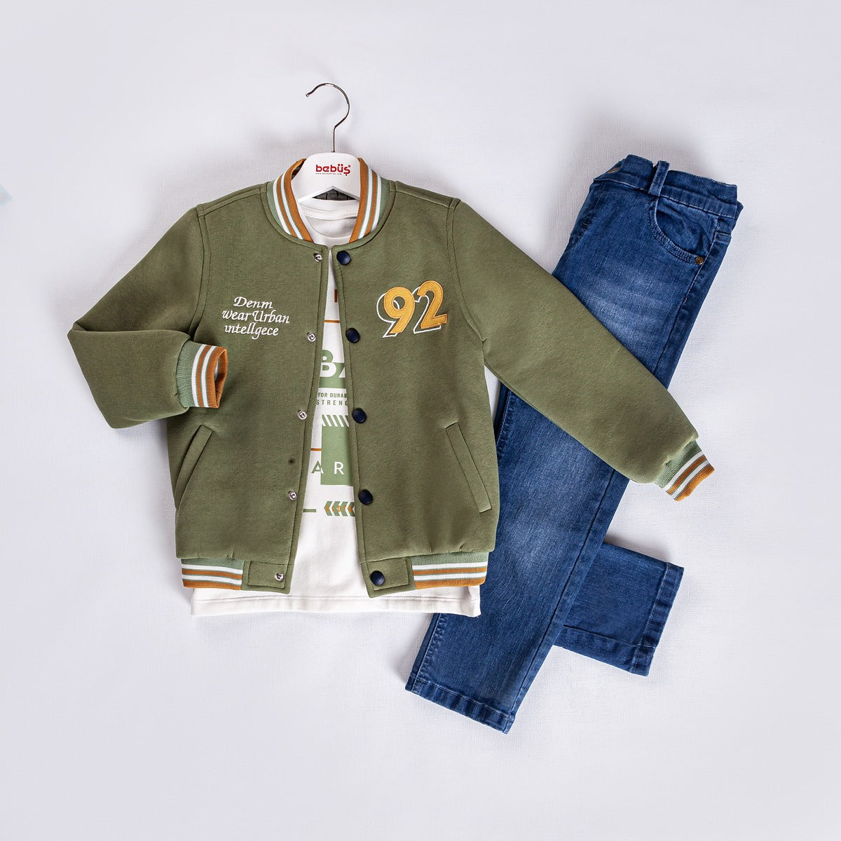 3-piece Boys Khaki Green Cotton Zip-Up Bomber Jacket, Shirt and Dark Blue Denim Pants