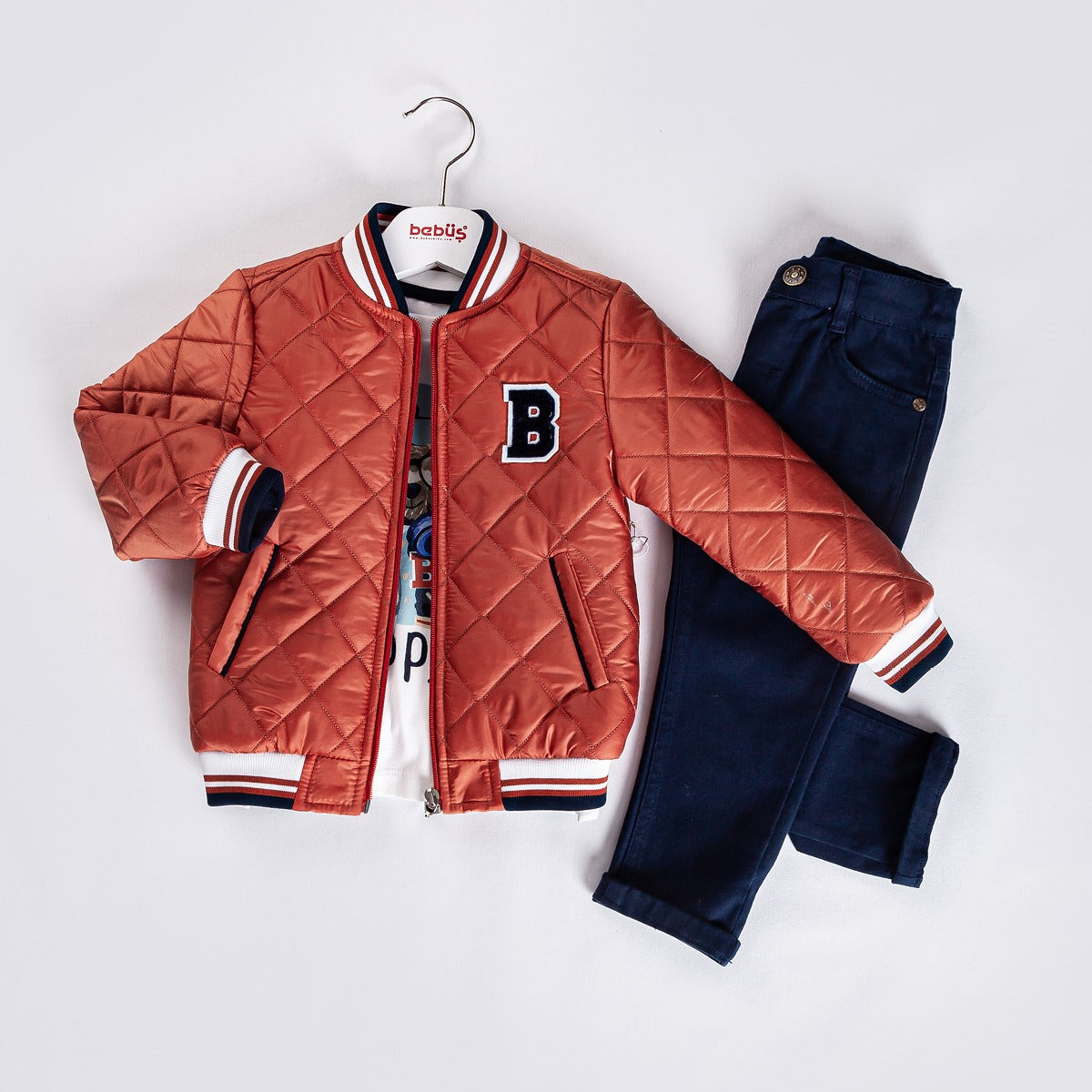 3-piece Boys Quilted Bomber Jacket with Logo, Shirt and Dark Blue Denim Pants