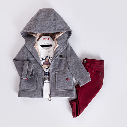 3-piece Unisex Grey Soft Hooded Coat, Printed Shirt and Pants set