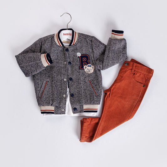 2-piece Plaid Print Letter Patched Varsity Bomber Jacket and Pants set