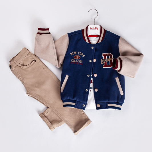 3-piece Boys Blue Baseball Bomber Jacket, Shirt and Denim Pants set