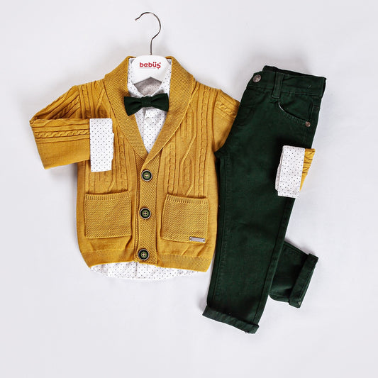 3-piece Boys V-Neck Jumper Knitwear Long-Sleeve Cotton Cardigan, Shirt and Pants set