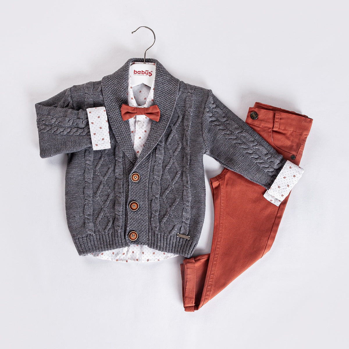 3-piece Boys V-Neck Jumper Knitwear Long-Sleeve Cotton Cardigan, Shirt and Pants set