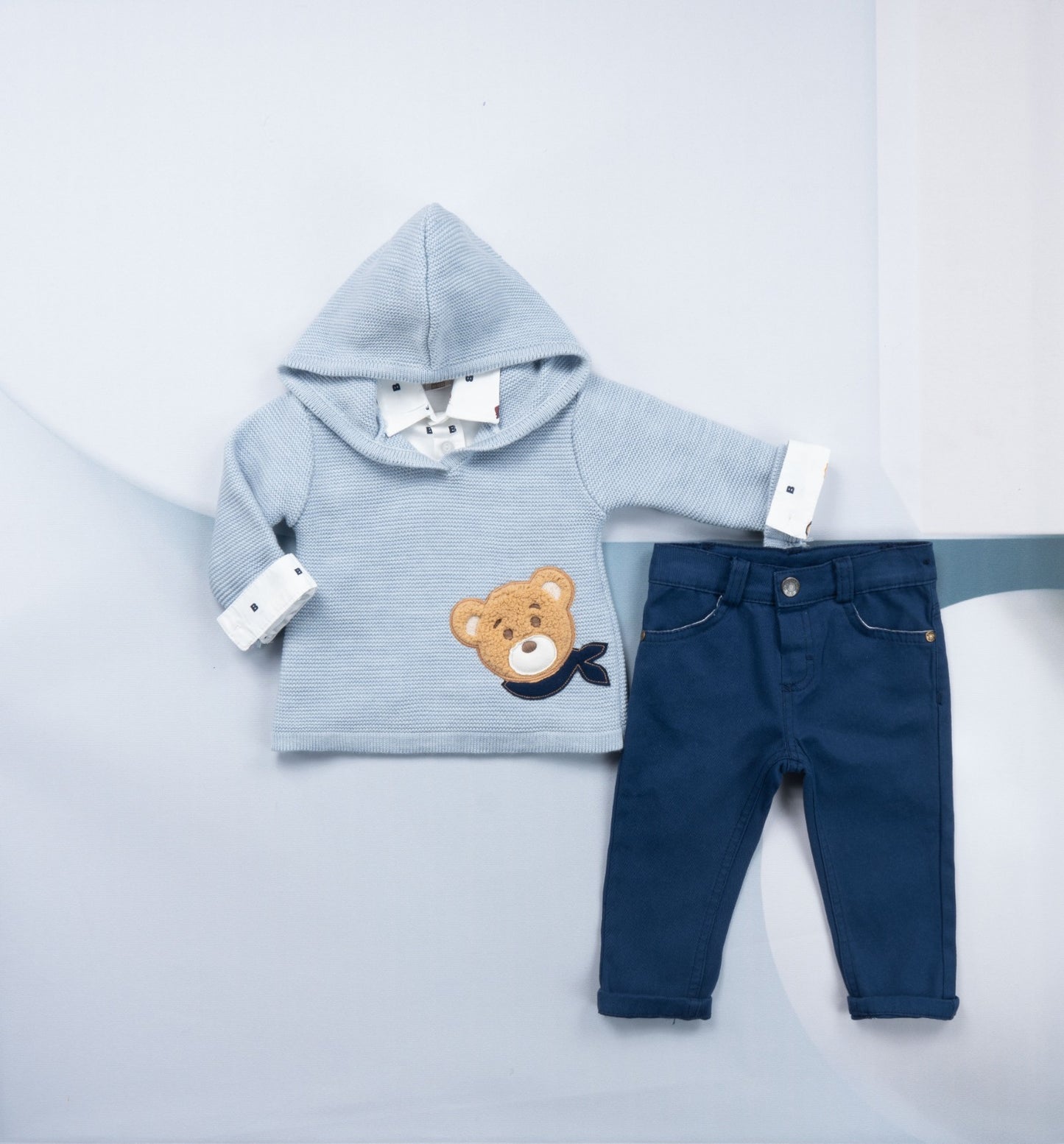 3-piece Boys Knitted Royal Blue Teddy Bear Hoodie, T-Shirt & Pants Sets