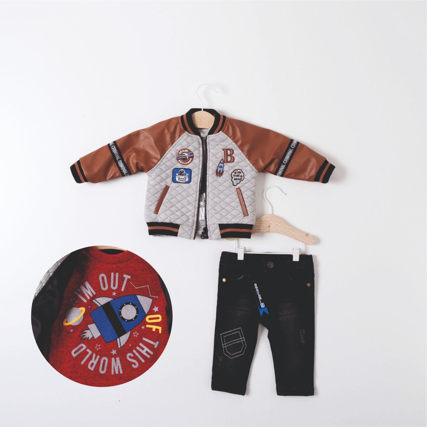 3-piece Boys Cross Stitch Faux Leather Sleeve Jacket & Jeans Set