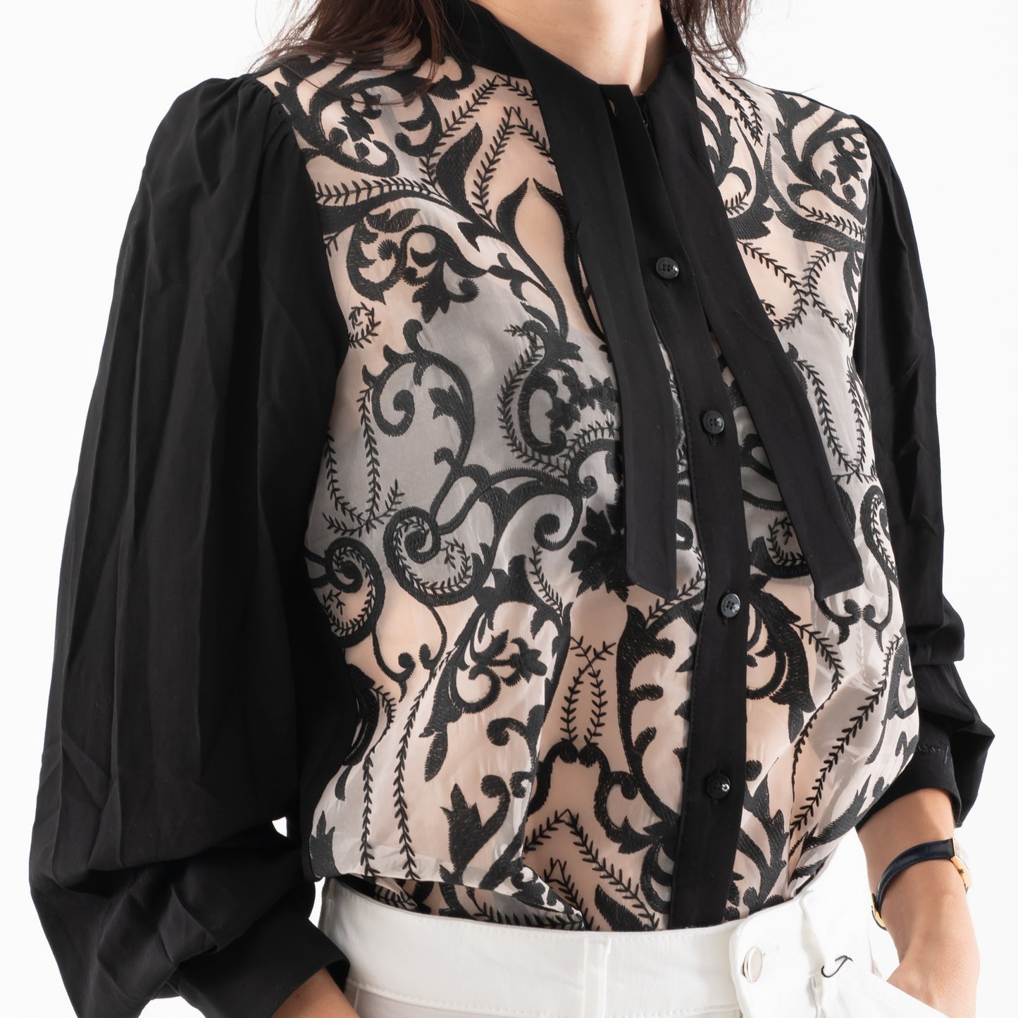 Long Sleeve Sheer Embroidered Blouse