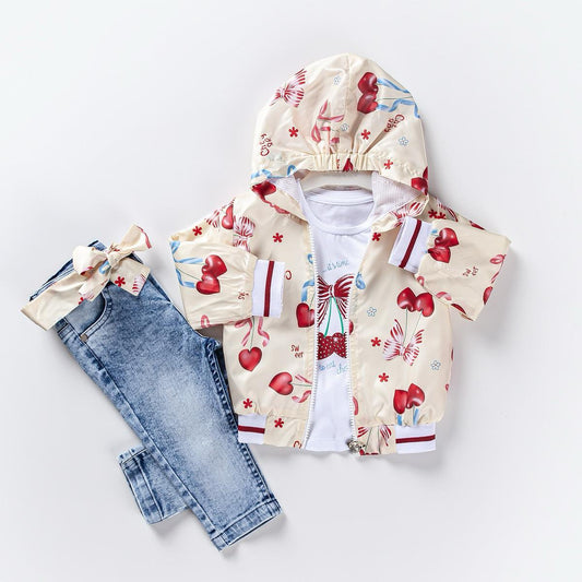 3-piece Girls Rain Jacket With T-Shirt & Jeans Set