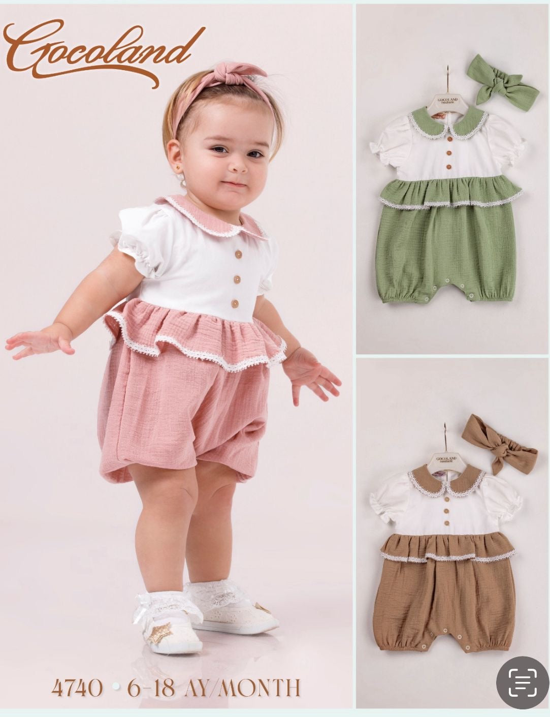 2-piece Baby Girls Short-sleeved jumpsuit with collar, frill center and headband