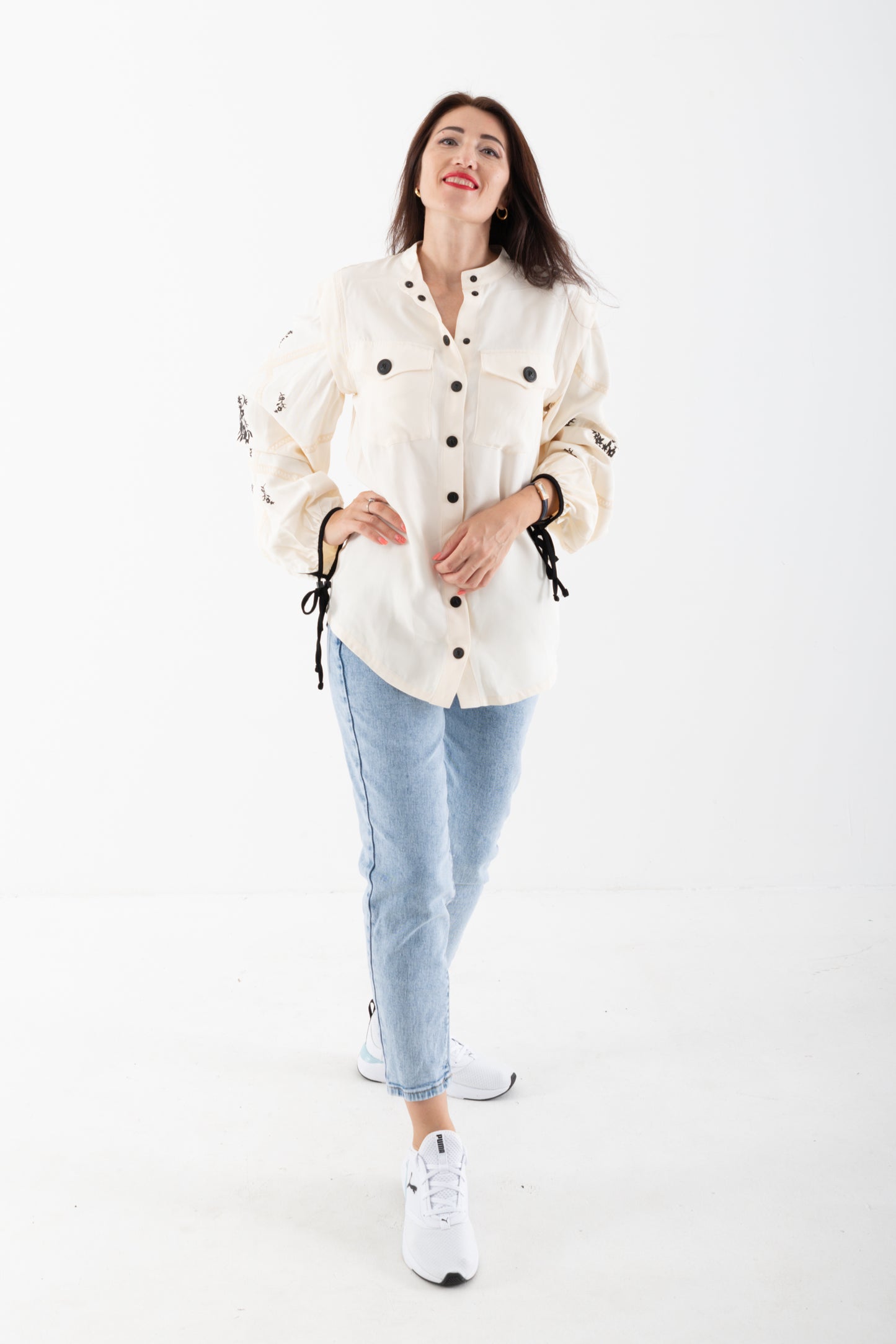 Oversized Embroidered Creme Sleeved Shirt with black buttons