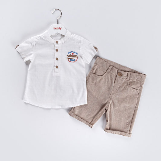 2-piece Boys No collar Shirt & Shorts Set Tan