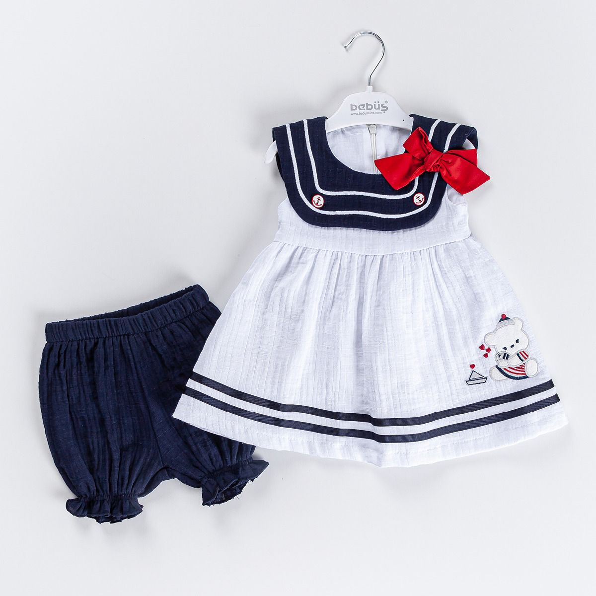 2-piece Girls Teddy Bear Blue & White Dress Set