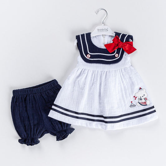 2-piece Girls Teddy Bear Blue & White Dress Set