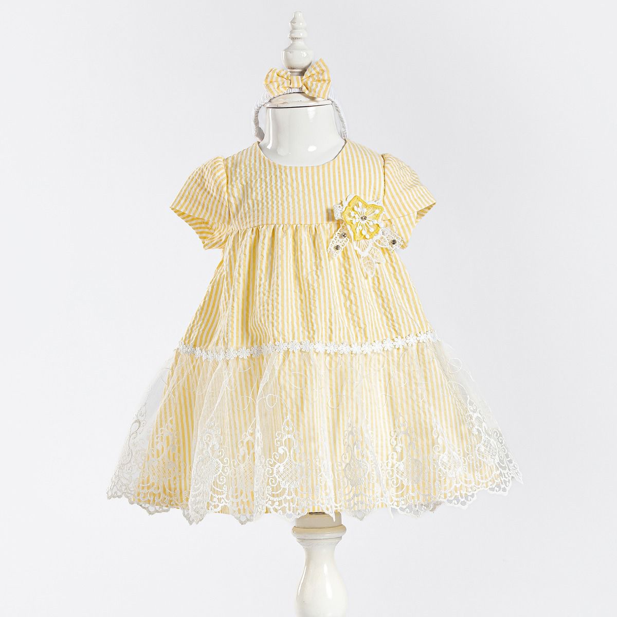 2-piece Girls Embroidered Lace Dress Yellow